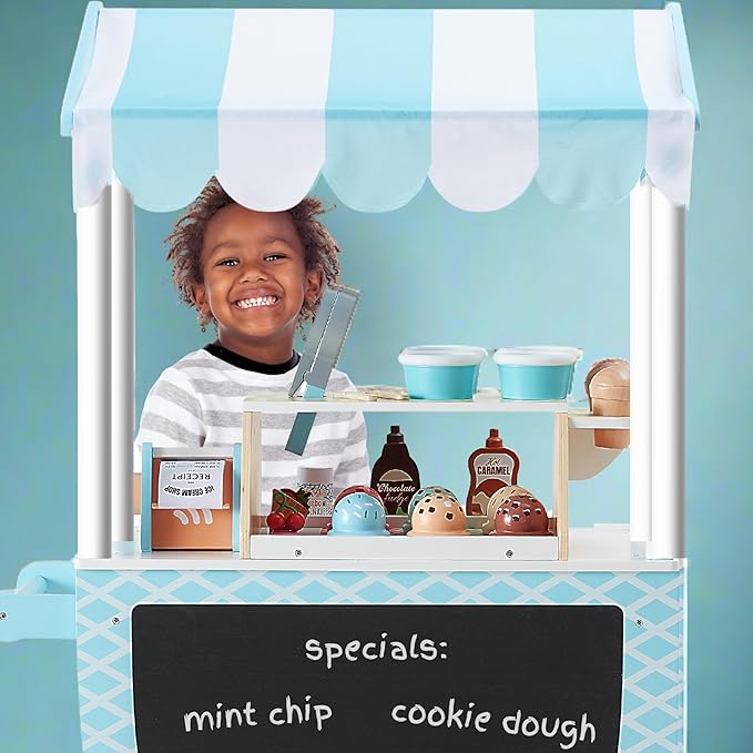 Teamson Kids My Little Helper Ice Cream Cart with Pretend Money, Colorful Magnetic Ice Cream Scoops and Chalkboard Panel, Blue/White