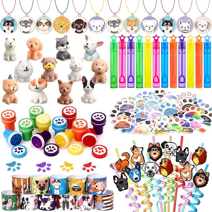 Winrayk 132Pcs Puppy Dog Party Favors Birthday Supplies Straws Dog Figures Necklace Paw Print Stamp Bubble Wand Bracelet Dog Paw Stickers Kids Boys Girls Puppy Party Favors Dog Birthday Party Supplies