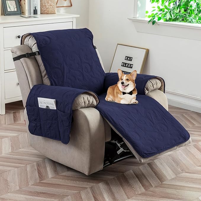 100% Waterproof Recliner Chair Cover, Recliner Chair Covers for Reclining Chair, Non-Slip Fabric Recliner Couch Cover for Living Room, for Pets Kids Protector, Washable (Navy Blue, 28"Recliner Chair)