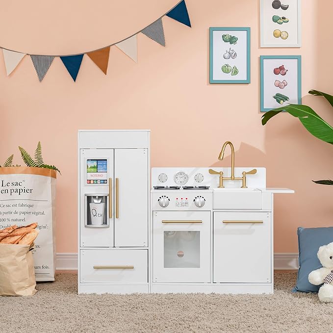 Teamson Kids Little Chef Charlotte Modern Modular Interactive Wooden Play Kitchen with Refrigerator, Stove and Sink in White with Gold Finishes