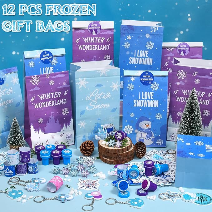Winrayk 112Pcs Frozen Party Favors Elsa Birthday Supplies for Girls Kids, Gift Bag Stamper Slap Bracelet Keychain Snowflake Ring Sticker Pinata Filler Winter Frozen Birthday Party Supplies Decorations