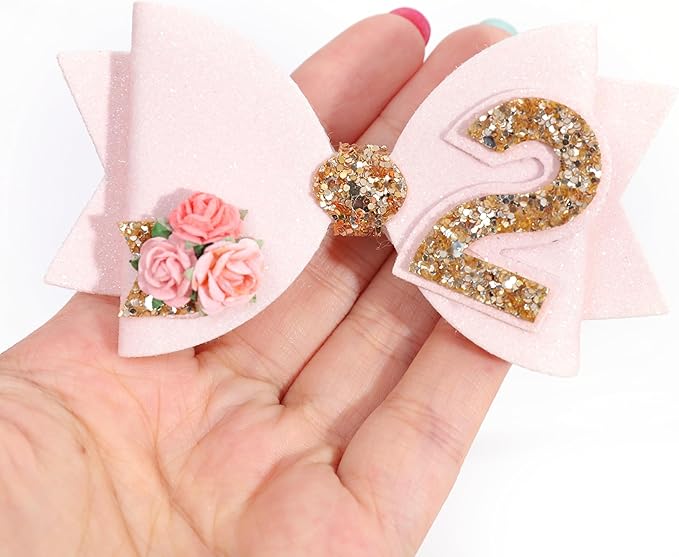 Birthday Girl bow for Baby Girls - 1st Birthday Pink Bow Headdress,Gold Glitter Birthday Bow Headband Flowers