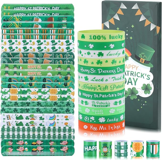 xutengy 48PCS St. Patricks Day Party Favors Accessory,Rubber Bracelets Silicone Wristbands for Party Supplies Shamrock Rubber Bracelets for kids teens Gifts Holiday