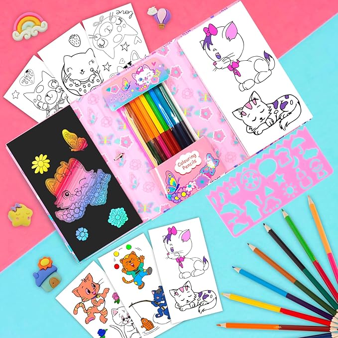 Cat Coloring Book Set with Coloring Pages & Colored Pencils, Art Supplies for Kids Ages 4-6-8, Arts Crafts Travel Coloring Kit for Girls 4 5 6 7 8 Year Old Birthday Gift