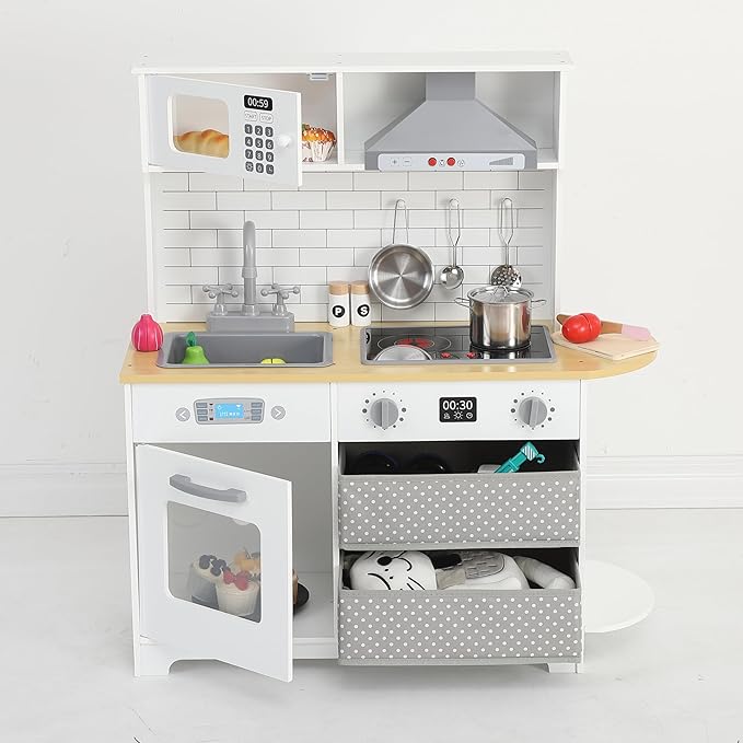 Wooden Play Kitchen for Kids - Innovative Corner Design, Realistic Cooking Sounds, Complete Accessories, Ample Storage Space, and Sound & Light Features