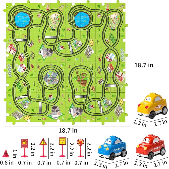 TEMI 64 PCS New Plastic Puzzles, car Tracks playset for Kids Ages 3-5 with 3 Cute Vehicle 4 5 6 Year