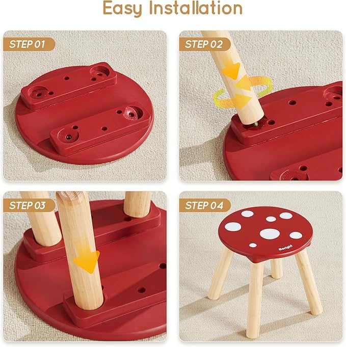 Beright Wooden Step Stool for Kids, Children's Stool Perfect Matched Sensory Table, 9 Inch Sturdy Sitting Stool with Assembled Four-Legged, Mushroom, 2 Pack