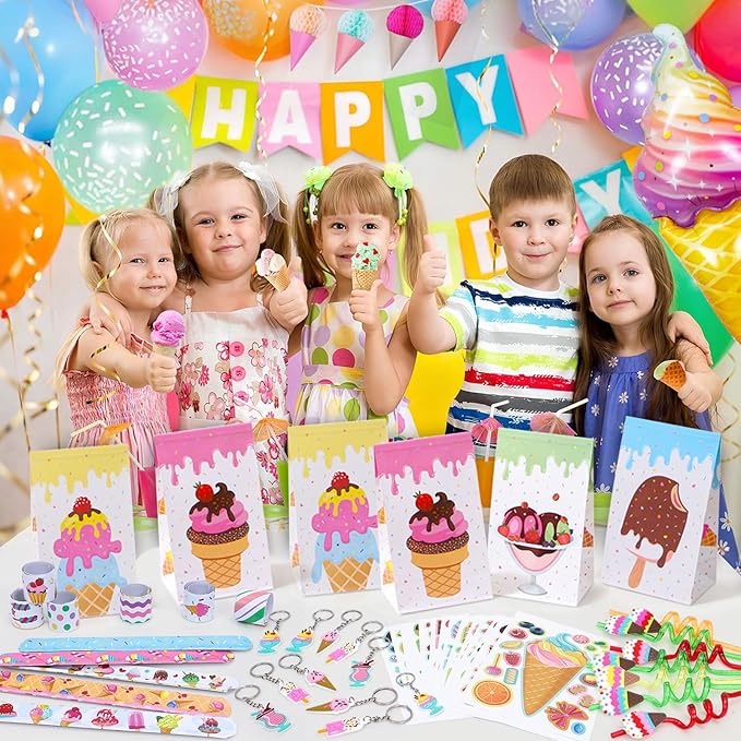 Winrayk Ice Cream Party Favors Birthday Supplies for 12 Kids, Drinking Straw Gift Bag Diy Sticker Keychain Slap Bracelet, Goody Bag Stuffers Pinata Filler Girls Two Sweet Birthday Party Supplies Decor