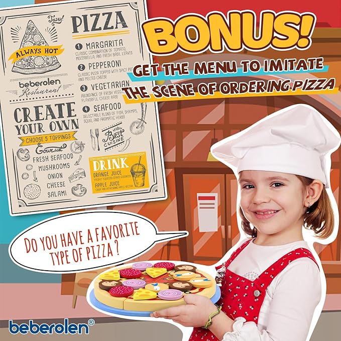 Wooden Pizza Toys for Kids, 24Pcs Cutting Toy Pizza Play Food Set, Pretend Play Kitchen Accessories Wood Cooking Toys for 3 4 5 Year Old Toddlers Boys Girls