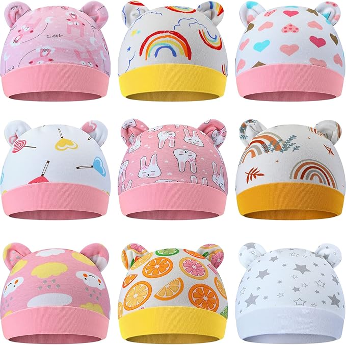 Geyoga 9 Pieces Newborn Baby Hat Bear Ears Infant Caps 2 Ears
