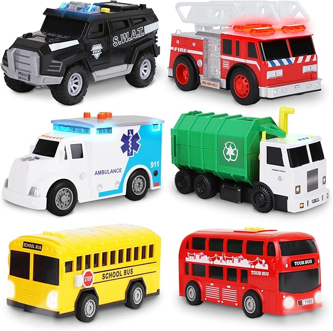 Toy Cars for Toddlers - 6Pcs Pull Back Cars Toys with Light and Sounds, City and emergency vehicles set