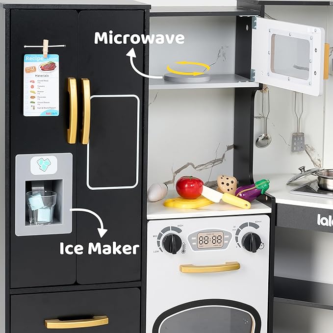 Wooden Corner Kitchen for Toddlers, Pretend Play Playset with Fake Food Toys, Real Lights & Sounds, Double-Door Fridge, Ice Maker & Cookware Accessories, Play Kitchen Set for Kids, Gift for Ages 3+