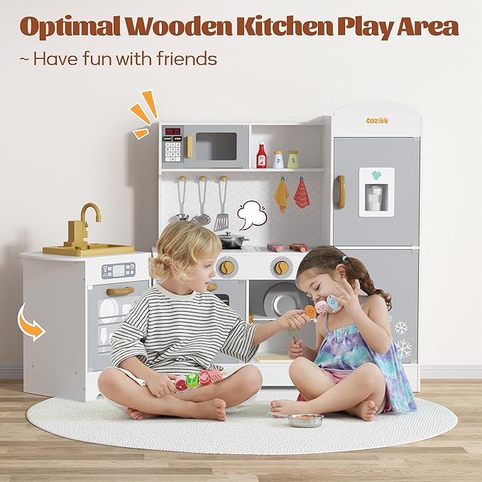 Wooden Pretend Play Kitchen Set, Realistic Oven Faucet Microwave Ice Maker BBQ, with Lights & Sounds Features, 21 Accessories, Toys Kitchen for Kids Children Boys Grils, Gift for Ages 3+