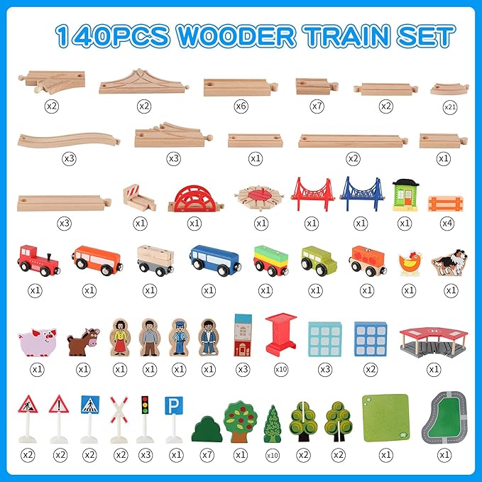 Qilay 140 Pcs Wooden Train Set, Delux Toddler Train Set Railway Kits for Kids 3,4,5 Year