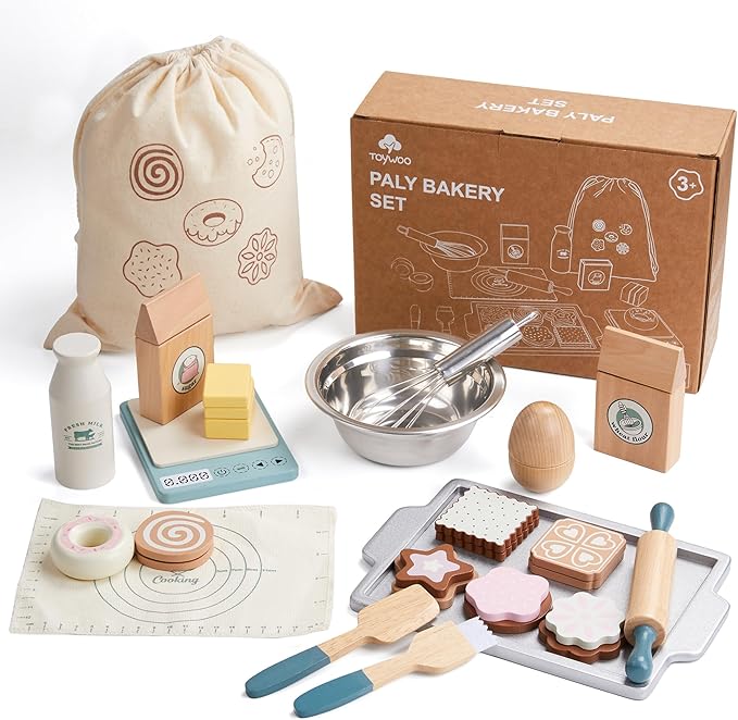Wooden Play Food Sets for Kids, Pretend Play Kitchen Accessories with Shopping Bag, Cutting Toys, Gift for Boys and Girls Ages 3-6