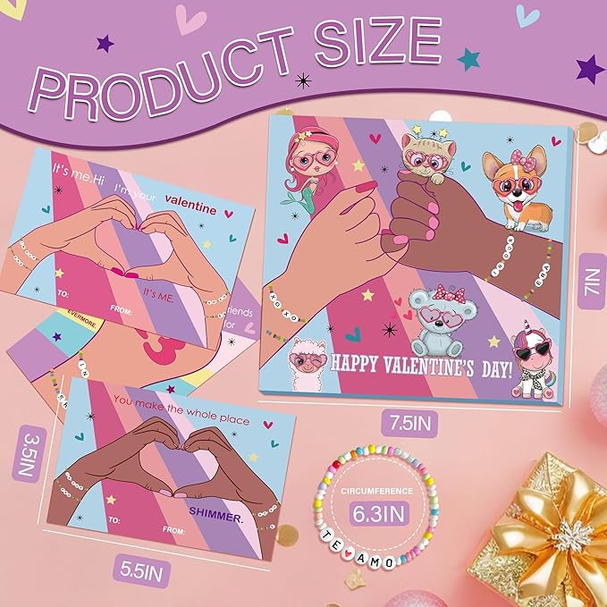 Valentines Day Cards for Kids School - 28 Pack Taylor Friendship Valentines Cards for Kids, Valentines Bracelets, Valentines Day Gifts for Girls, School Classroom Valentines Day Exchange Gift
