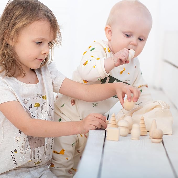 Ulanik Wonderful Bag Toddler Montessori Toys for 3 Year Old + Unfinished Wooden Figurines for Shape Sorting & DIY Painting Pyrography Decoupage Crafts β 20 pcs