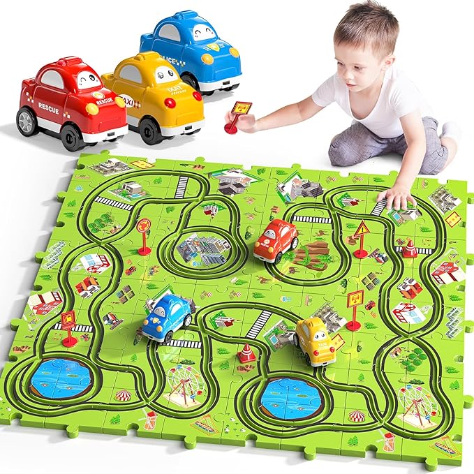 TEMI 64 PCS New Plastic Puzzles, car Tracks playset for Kids Ages 3-5 with 3 Cute Vehicle 4 5 6 Year