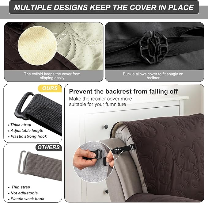 100% Waterproof Recliner Chair Cover, Recliner Chair Covers for Reclining Chair, Non-Slip Fabric Recliner Couch Cover for Living Room, for Pets Kids Protector, Washable (Chocolate, 23"Recliner Chair)