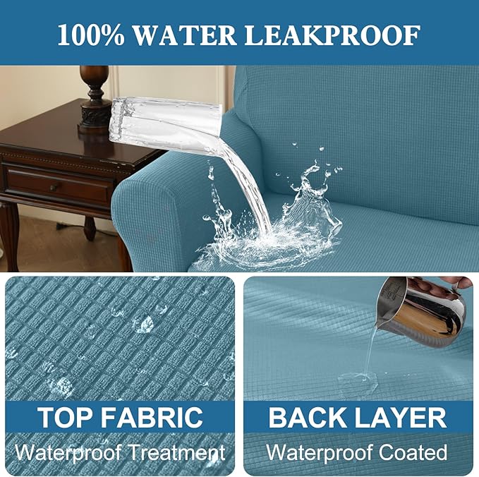 100% Waterproof Jacquard Fabric Couch Cover, Dual Layer with TPU Film, Leakproof High Elasticity Non-Slip Washable Furniture Protector for Pets, Dogs, Cats and Kids (Loveseat,Dusty Blue)