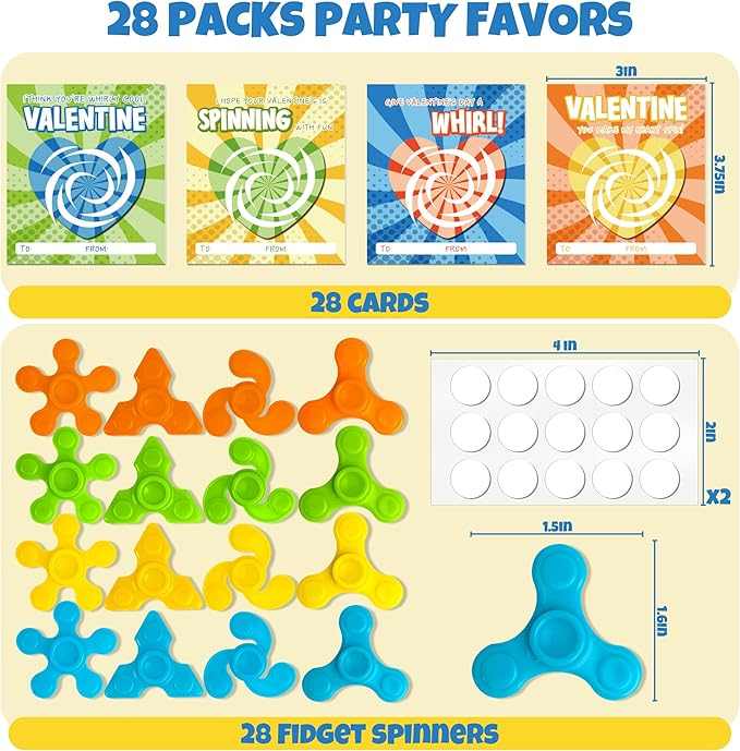 Valentine Cards for Kids Classroom - 28Packs Fidget Spinner Valentines Cards, Class Valentines Day Gifts for Kids School Classroom Exchange, Fidget Spinners Stress Toys Bulk