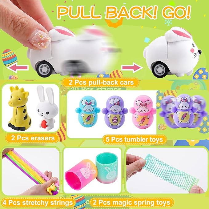 YiYLunneo 100 Pcs Easter Egg Fillers, Easter Basket Stuffers Fillers for Kids Boys Girls Easter Party Favors Assortment, Easter Eggs Hunt, Easter Gift Goodie Bags Filler Classroom Prize Supplies