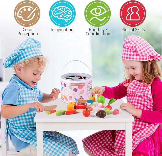 WHOHOLL Wooden Play Food Toys for Kids Kitchen Playset, Play Kitchen Accessories with Apron Pretend Cutting Food Montessori Toys for 1+ Year Old Girls and Boys