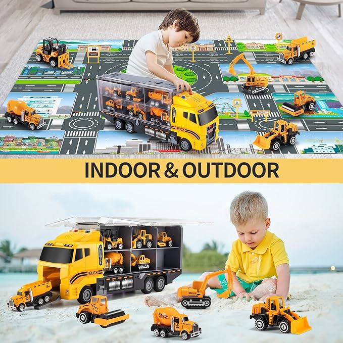 Toddler Toys for 3-9 Years Old Boys, Construction Toys Car Transport Vehicle W/Play Mat 3 4 5 6