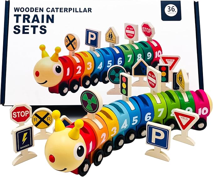Montessori Toys for 3 Year Old, Wooden Caterpillar Number Train Set Toys with Street Signs 4 Year 3, Birthday 3