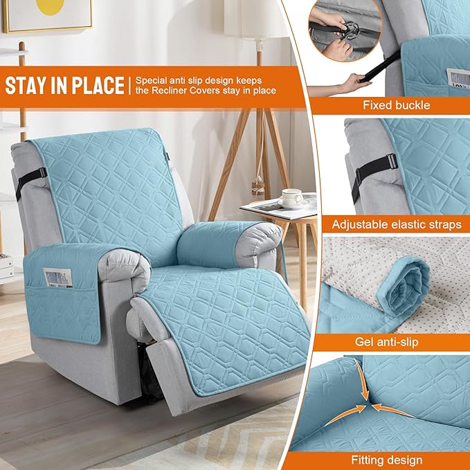 VANSOFY 100% Waterproof Recliner Chair Covers, Recliner Cover Non-Slip Dog Chair Cover Furniture Protector Washable Slipcover with Pocket, Elastic Straps for Pets, Dogs(Azuree, 23.6")