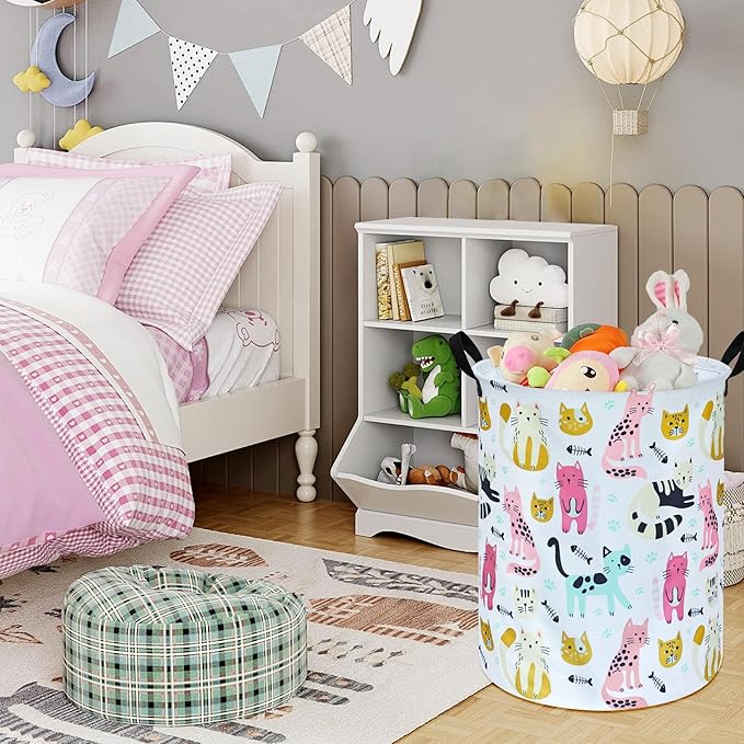 Round Cat Pattern Laundry Basket Laundry Hamper Storage Basket Organizer