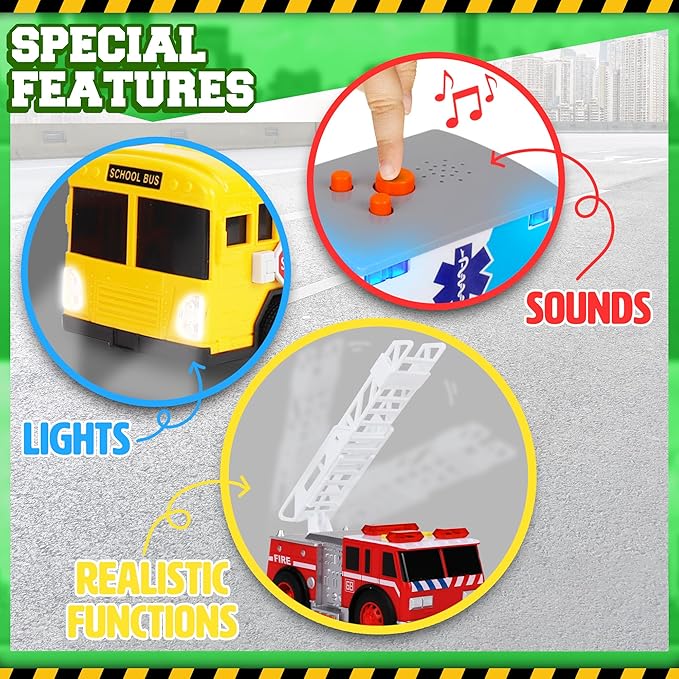 Toy Cars for Toddlers - 6Pcs Pull Back Cars Toys with Light and Sounds, City and emergency vehicles set