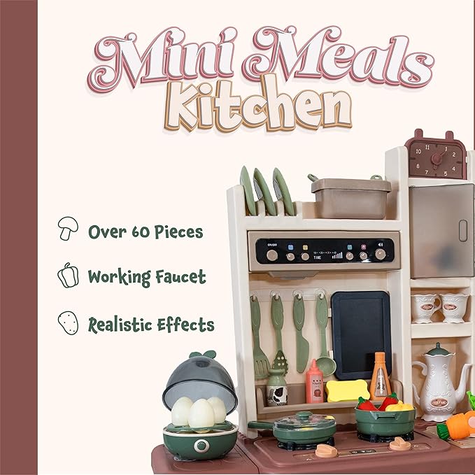 Sunnydaze Mini Meals Interactive Play Kitchen with Lights and Sounds - Kids Toy Kitchen Playset with 65-Piece Accessory Pack