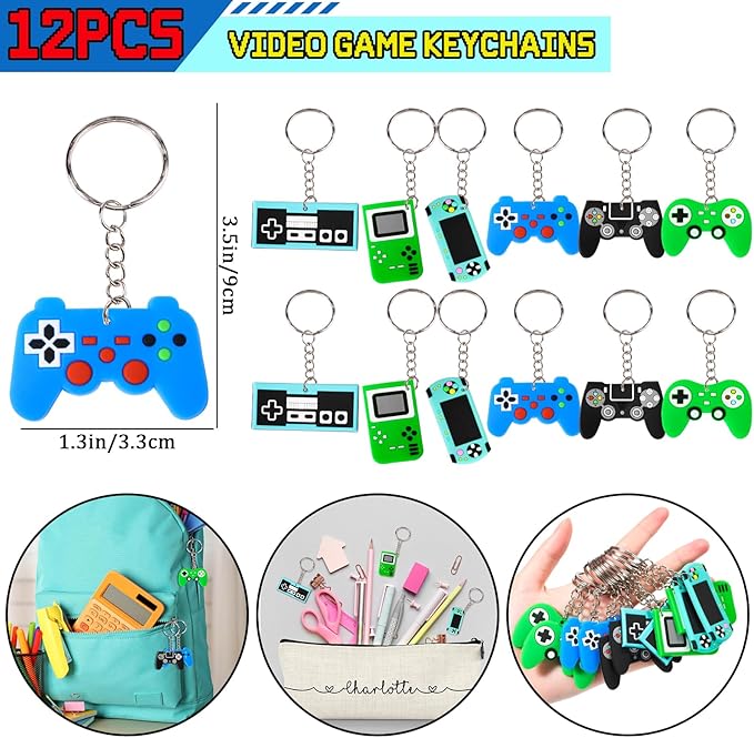 Winrayk Video Game Party Favors Gamer Birthday Supplies for Kids, Non Woven Bag Silicone Bracelet Stamper Glow Sticker Keychain 12 Sets Game on Pinata Filler Goody Bag Stuffer Boys Gaming Party Favors