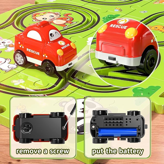 TEMI 32 PCS New Plastic Puzzles, car Tracks playset for Kids Ages 3-5 with 3 Cute Vehicle 4 5 6 Year
