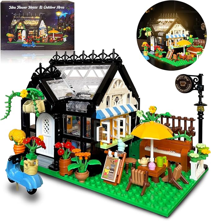 Flower Garden House Building Set with Led Lights,Greenhouse Model Playset City Street Flower Shop Building Blocks Kits for Adults Kids 8+ Present Black(475PCS )
