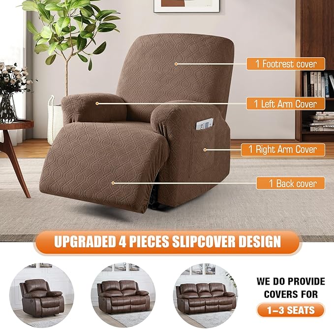 VANSOFY Oversized Recliner Chair Cover, 4-Pieces Stretch Recliner Covers for Recliner Chair Soft Reclining Chair Slipcover Jacquard Pattern Furniture Protector for Dogs Cats(Light Coffee)