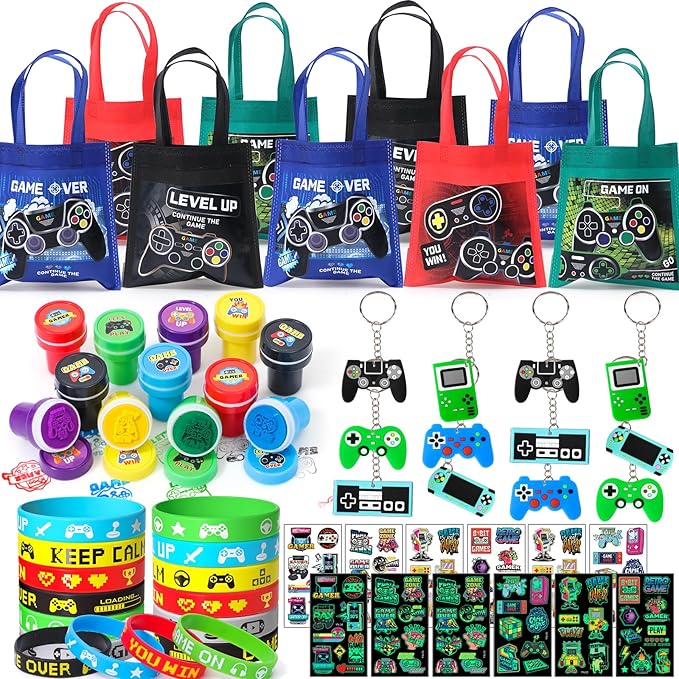 Winrayk Video Game Party Favors Gamer Birthday Supplies for Kids, Non Woven Bag Silicone Bracelet Stamper Glow Sticker Keychain 12 Sets Game on Pinata Filler Goody Bag Stuffer Boys Gaming Party Favors