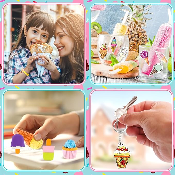 Thenshop 171 Pcs Ice Cream Party Favors Ice Cream Bracelet Keychain Eraser Sticker Labels Organza Gift Bags for Kids Girls Summer Baby Shower Ice Cream Theme Birthday Party Decorations Supplies