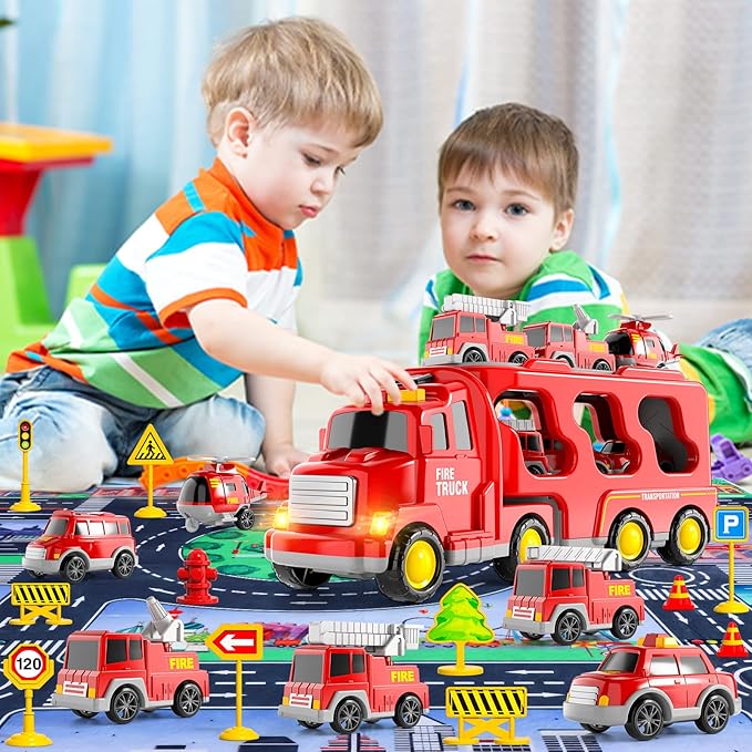 Bennol Toddler Toys for 1 2 3 4 5 6 Years Old Boys, 7 in 1 Fire Car Trucks Playset with Play Mat & Accesoories 1-3 3-5