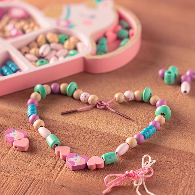 Stephen Joseph, Wooden Bead Kit for Kids, 125 Wooden Beads with 4 Necklace and 4 Bracelet Cords with Reusable Wooden Tray, Premium Wood Jewelry Making Kit for Kids, Ice Cream