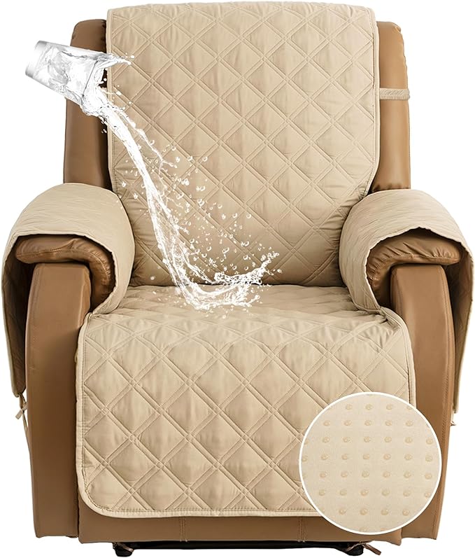 TOMORO Non-Slip Quilted Recliner Cover, 100% Waterproof Recliner Chair Slipcover Furniture Protector with Pockets, Washable Couch Cover with Elastic Straps for Kids and Pets,23 Inch