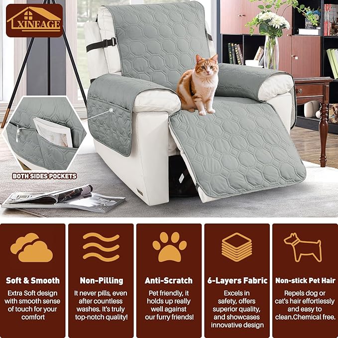 XINEAGE 100% Waterproof Recliner Chair Cover, Non Slip Covers for Recliner Chair with Pocket, Washable Dog Recliner Couch Cover with Elastic Straps (Light Gray, 28")
