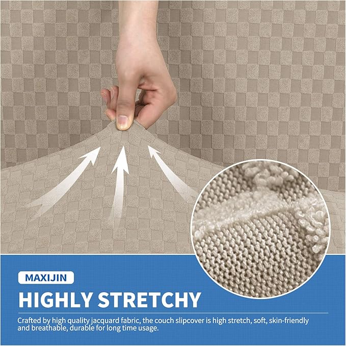 MAXIJIN 3 Piece Jacquard Couch Covers for 2 Cushion Couch Stretch Non Slip Love Seat Couch Cover for Dogs Pet Friendly Elastic Furniture Protector Loveseat Slipcovers (Loveseat, Khaki)