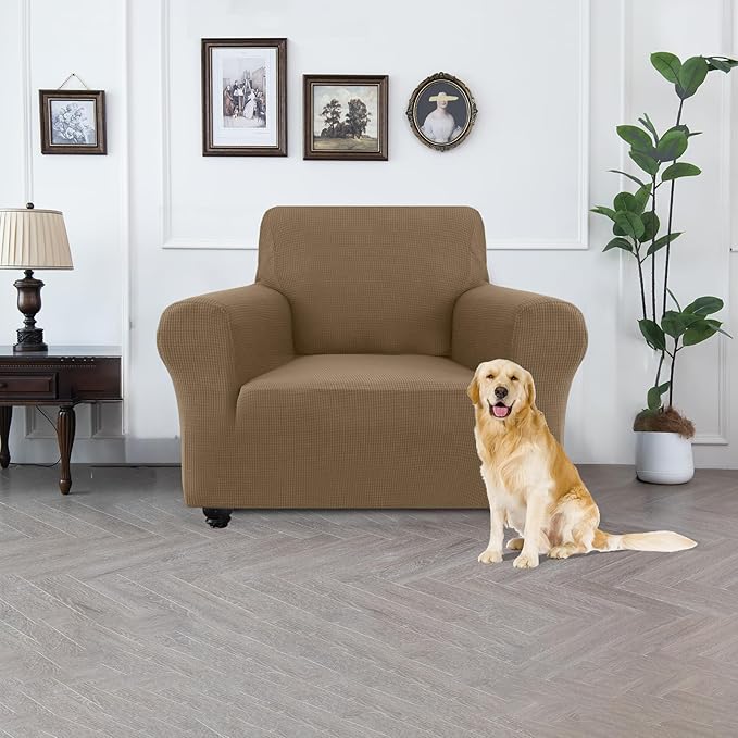 100% Waterproof Jacquard Fabric Couch Cover, Dual Layer with TPU Film, Leakproof High Elasticity Non-Slip Washable Furniture Protector for Pets, Dogs, Cats and Kids (Chair,Leather Brown)