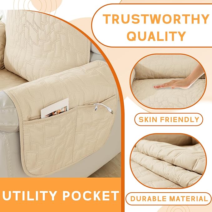 XINEAGE 100% Waterproof Recliner Chair Covers with Elastic Straps, Nonslip Reclining Couch Covers Washable Recliner Couch Cover with Pockets Furniture Protector for Pets Dogs (Beige, 25")