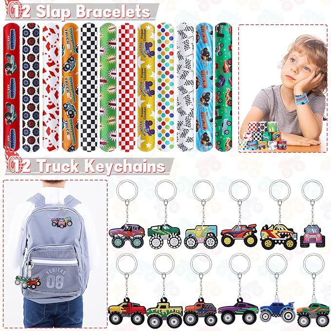 Winrayk Monster Truck Party Favors Kids Birthday Supplies, Invisible Ink Pen Notebook Straw Gift Bag DIY Sticker Keychain Slap Bracelet, Pinata Filler Goody Stuffer Game Boys Monster Truck Party Decor