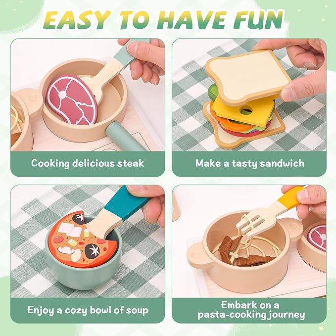 Wooden Play Cooking Set, Kids Pretend Play Kitchen Accessories Toys Set, Includes Play Plates, Pots, Bowls, Pans, Cutlery, Includes Fake Food, Gift for 3 4 5 Years Old Girls Boys for Birthday