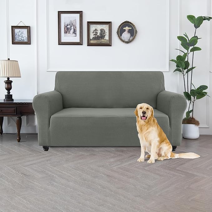 100% Waterproof Jacquard Fabric Couch Cover, Dual Layer with TPU Film, Leakproof High Elasticity Non-Slip Washable Furniture Protector for Pets, Dogs, Cats and Kids (Loveseat,Light Gray)