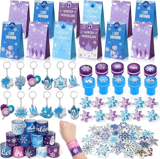 Winrayk 112Pcs Frozen Party Favors Elsa Birthday Supplies for Girls Kids, Gift Bag Stamper Slap Bracelet Keychain Snowflake Ring Sticker Pinata Filler Winter Frozen Birthday Party Supplies Decorations